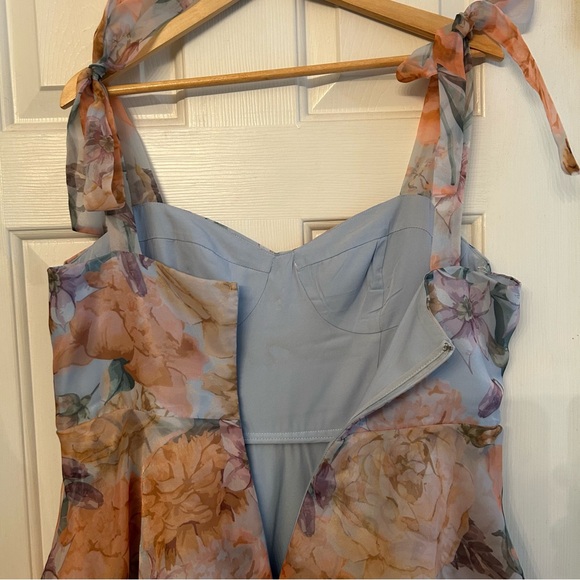 Playfully Posh Blue Floral Organza Tie-Strap Tiered Midi Dress Size XL - Picture 4 of 11